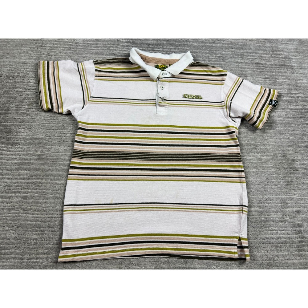 Mecca Polo Shirt Boys M White Green Brown Striped Desert Nomad Short Sleeve Logo